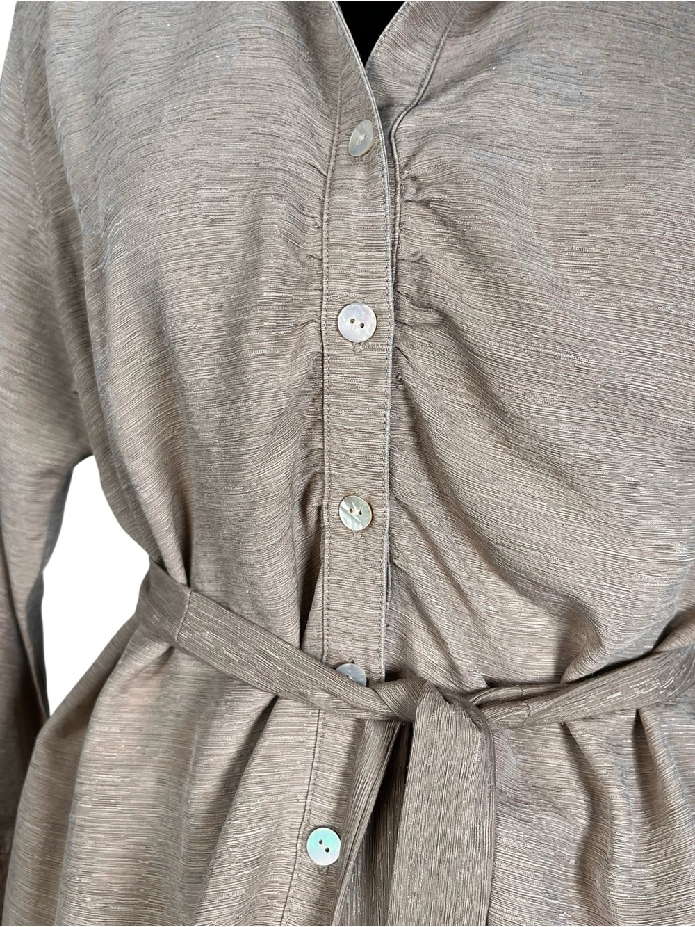 Vintage Silk Skirt Suit Women's Brown Beige Button-Front Set Ruched Safari Large - Picture 2 of 11